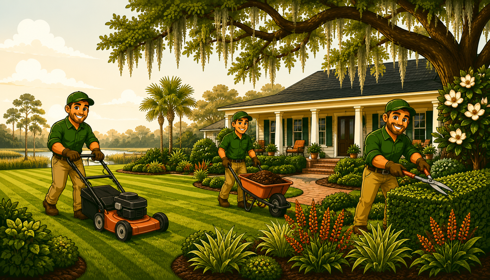 Illustrated landscaping crew at work in a Johns Island SC yard