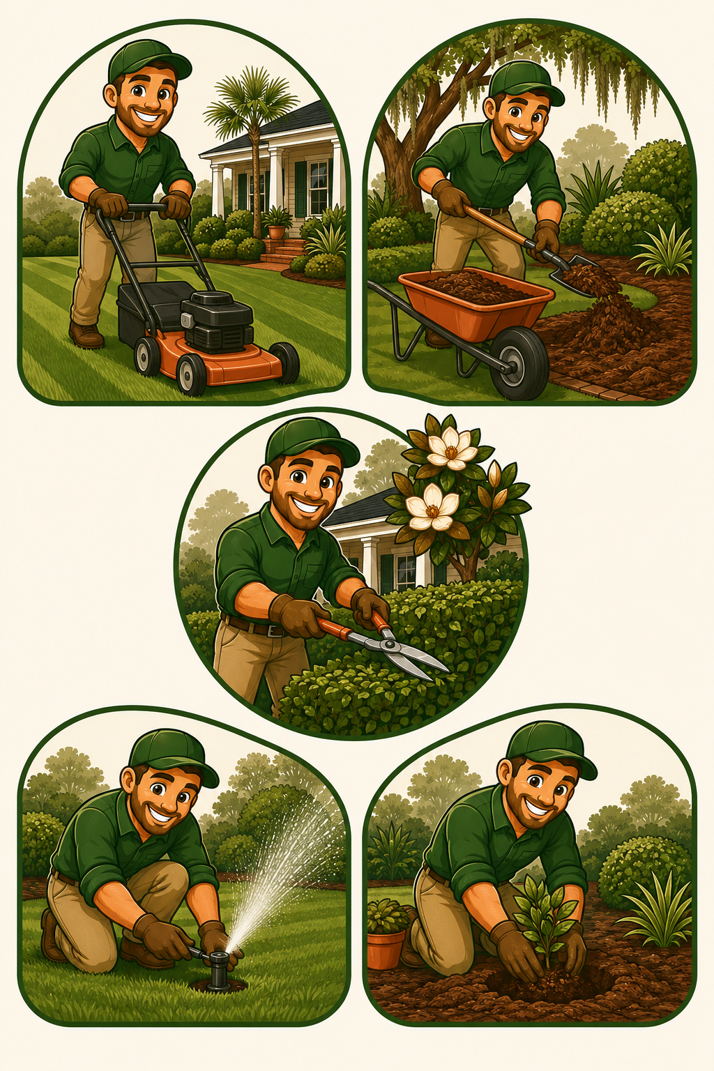 Illustrated overview of Great Garden Landscaping's core services — mowing, mulching, trimming, irrigation, and planting