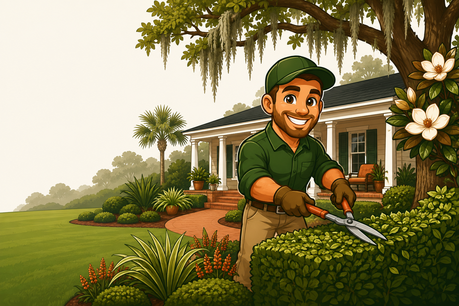 Illustrated Lowcountry yard scene representing Great Garden Landscaping's services in Johns Island, SC